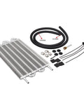Huge 6 Row Aluminum Transmission Oil Cooler Kit With Pass Tube And Fin Design For Universal Fitment To Chill Engine, Trans Or Rear Diff Fluid and Boost Performance Today. 6-row aluminum cooler kit with hose, clamps, and fittings