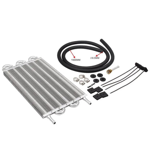 Huge 6 Row Aluminum Transmission Oil Cooler Kit With Pass Tube And Fin Design For Universal Fitment To Chill Engine, Trans Or Rear Diff Fluid and Boost Performance Today. 6-row aluminum cooler kit with hose, clamps, and fittings