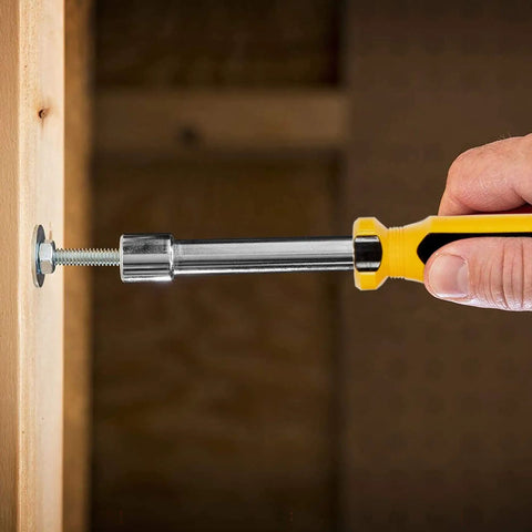 5.5 Inch Chrome Plated Nut Driver Set With SAE 3/16 To 1/2 Inch And Metric 5 To 10 Mm, 14 Piece, yellow handle in use