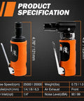 Pneumatic Air Die Grinder Set With Straight And Angled Heads 20K To 25K Rpm Free Spin garage workhorse specifications with dimensions and features.