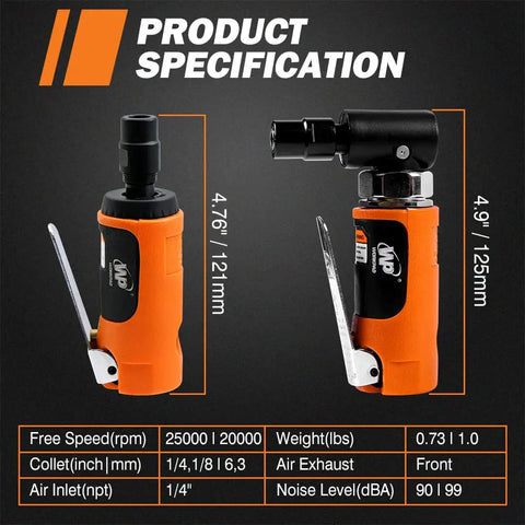 Pneumatic Air Die Grinder Set With Straight And Angled Heads 20K To 25K Rpm Free Spin garage workhorse specifications with dimensions and features.