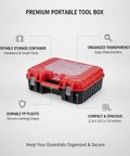 Grab-And-Go Portable Plastic Tool Box With Handle For Hardware Storage, Red And Black, Compact 11.8 X 10.2 X 3.9 Inches, on display