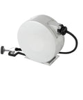 Heavy Duty Hose Reel With Thirty Five Foot Garden Hose And Enclosed Powder Coated Drum For Serious Chore Hustle Easy Wall Mount showing ergonomic spray gun attachment.