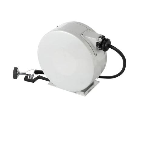 Heavy Duty Hose Reel With Thirty Five Foot Garden Hose And Enclosed Powder Coated Drum For Serious Chore Hustle Easy Wall Mount showing ergonomic spray gun attachment.