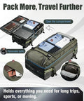 Army-green 100L rolling duffel bag with wheels and handle, showing interior compartments and packing organization