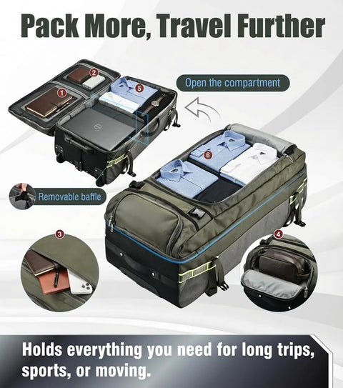 Army-green 100L rolling duffel bag with wheels and handle, showing interior compartments and packing organization