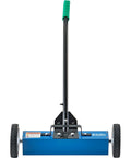 Rugged 18 Inch Magnetic Floor Sweeper With Big Wheels rolling smooth on asphalt, featuring removable handle and fast dump lever.