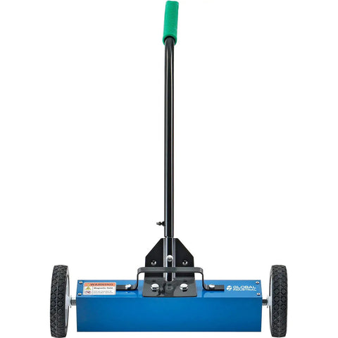 Rugged 18 Inch Magnetic Floor Sweeper With Big Wheels rolling smooth on asphalt, featuring removable handle and fast dump lever.