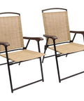 Outdoor Patio Folding Chairs Set Of 2 Sling Chairs For Camping Garden Pool Or Beach, Space Saving Foldable Design In Beige.