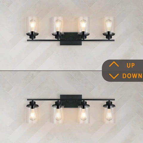 Dope Four Light Matte Black Vanity Lights Over Mirror Farmhouse Style Wall Sconces With Clear Glass Shades for bathroom