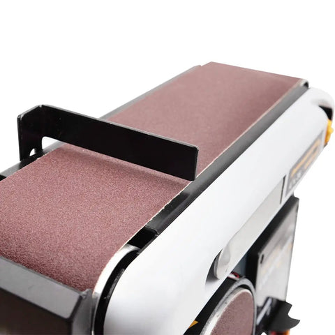 Close-up of belt on Heavy Duty Belt And Disc Sander Combo For Woodworking With 4 Inch By 36 Inch Belt And 6 Inch Disc, 0 To 90 Degree Belt Tilt.