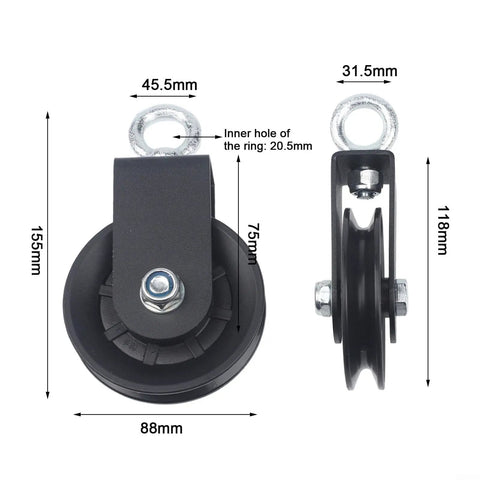 Heavy Duty Pulley Cable System for Home Gym with 360 Degree Rotation Quiet Bearings, dimensions labeled, front and side view