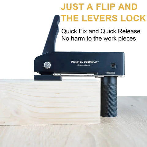 20mm Bench Dog Clamps 2 Pack For Long Throat Hold Down On MFT Tables Heavy Duty Aluminum Clamp Set with quick flip lever in use