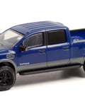 Lifted Blue 1 By 64 Scale Diecast Nissan Titan XD Pro 4X Pickup Truck Model With Real Rubber Tires And Metal Body Chassis Detailed Exterior Collectible Edition