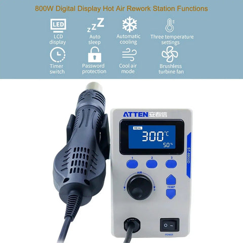 800W Hot Air Gun Soldering Station With LCD Display Auto Sleep Fast Desoldering Rework System Includes 4 Nozzles Adjustable Airflow