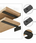 Heavy Duty Stainless Steel Wall Shelf Brackets for Garage, Workshop, and Bathroom Storage, 0.16 Inch Thick, Keeps Shelves Level and Secure, Rugged Mounting for Tools and Gear, 1 Pack shown mounted on wooden shelves in close-up with refined design details and durable finish.