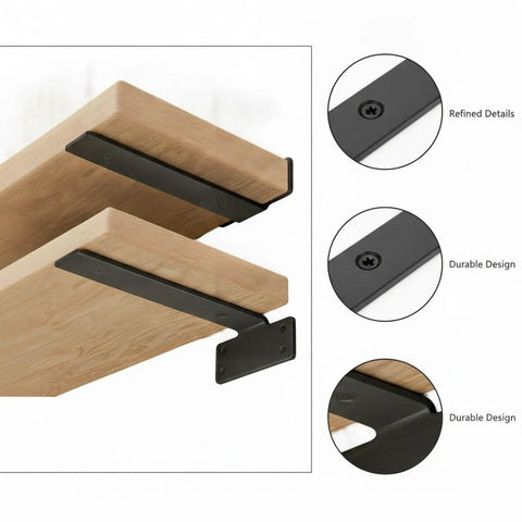 Heavy Duty Stainless Steel Wall Shelf Brackets for Garage, Workshop, and Bathroom Storage, 0.16 Inch Thick, Keeps Shelves Level and Secure, Rugged Mounting for Tools and Gear, 1 Pack shown mounted on wooden shelves in close-up with refined design details and durable finish.