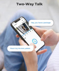 Person using phone app with two-way talk feature for Solar Wireless Security Camera For Home 2K Clarity, Indoor Outdoor, No Hub Needed