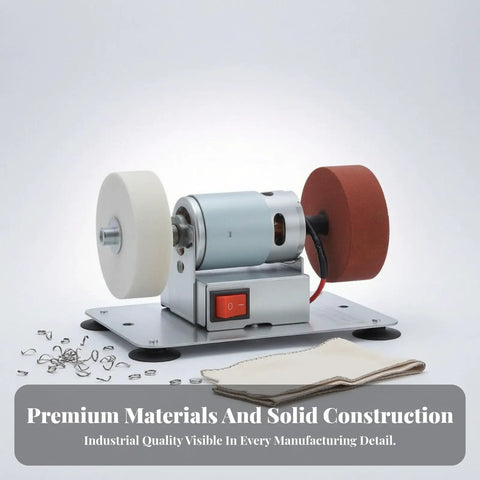 Rock Solid 150W Desktop Electric Grinding Machine Featuring Hella Strong Dual Spin Polisher showing dual spin pads on a metal frame.