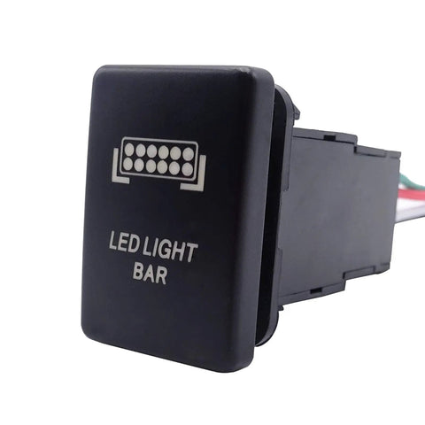 Toyota LED Push Switch With Blue Backlit Kit close-up showing LED Light Bar icon on black ABS plastic surface