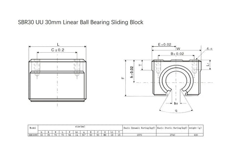 Technical drawing of SBR30UU 30mm linear ball bearing sliding block with measurements and specifications chart for CNC applications.