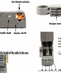 Detailed parts view of coax cable crimping tool kit for RG6 and RG59 with wire stripper, showing handle, shaft, and blade.