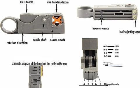 Detailed parts view of coax cable crimping tool kit for RG6 and RG59 with wire stripper, showing handle, shaft, and blade.