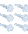 Close-up of six zinc-plated self-drilling screws, 4.8x19mm, part of No Pre Drilling Needed Self Drilling Screw Kit 4.8x19mm Zinc Plated Carbon Steel Fasteners For Sheet Metal And Wood External Hex Drill Tail 250 Pieces For Quick DIY Repairs And Projects.