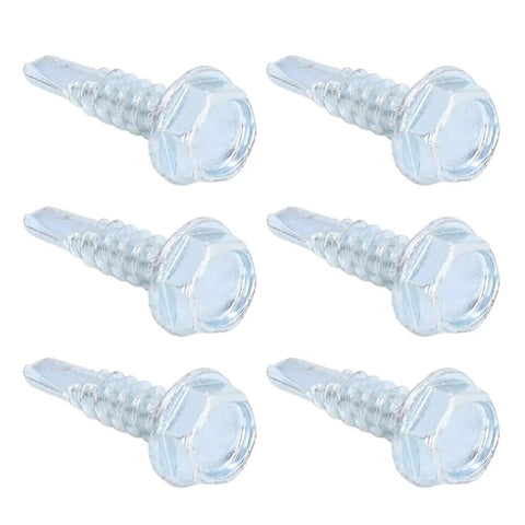 Close-up of six zinc-plated self-drilling screws, 4.8x19mm, part of No Pre Drilling Needed Self Drilling Screw Kit 4.8x19mm Zinc Plated Carbon Steel Fasteners For Sheet Metal And Wood External Hex Drill Tail 250 Pieces For Quick DIY Repairs And Projects.