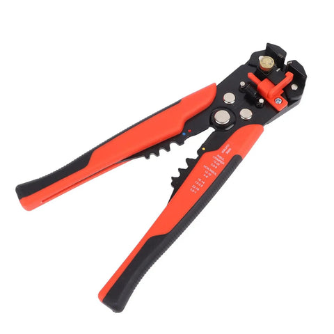 Red Automatic Wire Stripping And Crimping Pliers, High Carbon Steel cable cutting tool with ergonomic grips for maintenance tasks.