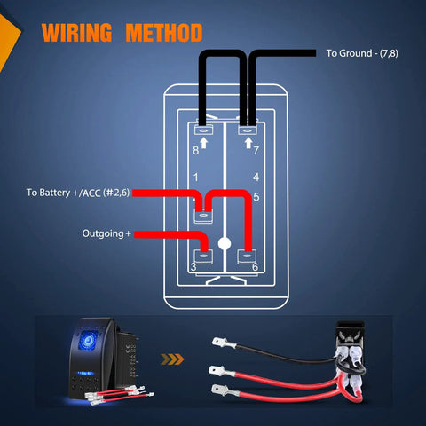 Wiring diagram for Six Piece Five Pin SPST Rocker Switch Kit With Jumper Wires For Trucks Boats Auto And Motorcycles 20A 12V 10A 24V