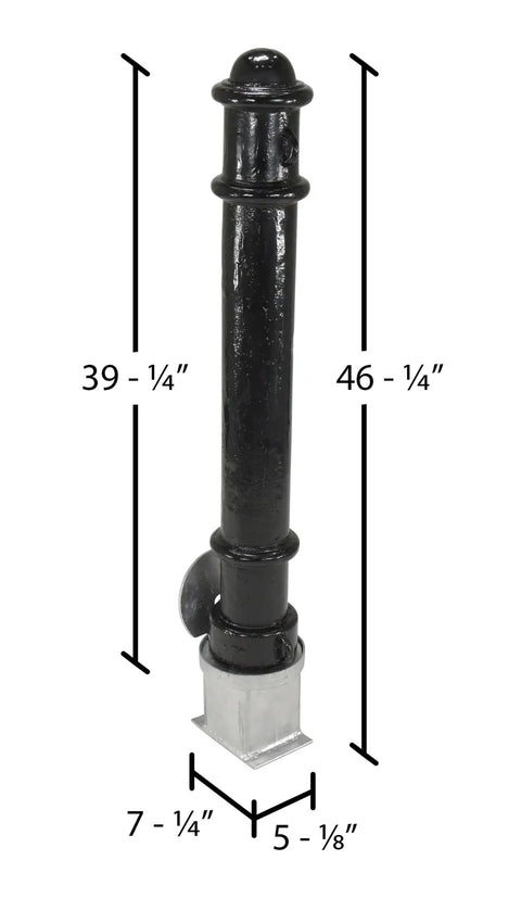 Built Tough Steel Underground Removable Ornamental Bollard 40 Inch Tall with steel structure and dimensions for secure parking lot use.