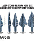 Step Drill Bit Set With Double Flutes For Clean Cuts And Easy Read Markings, 1/4 To 3/4 Inch, 3/8 Inch Hex Shank, sizes displayed.