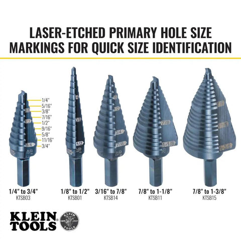 Step Drill Bit Set With Double Flutes For Clean Cuts And Easy Read Markings, 1/4 To 3/4 Inch, 3/8 Inch Hex Shank, sizes displayed.