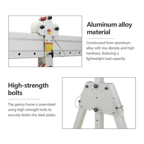 Close-up of Heavy Duty Portable Gantry Crane 2200 Lb Capacity Foldable Aluminum Frame showing aluminum alloy material and high-strength bolts.