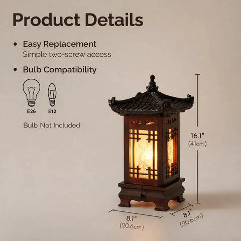 Handmade Korean Wood Lamp With Pagoda Design Asian Table Lantern for nightstand and bedroom, dimensions 16.1" high, 8.1" wide.