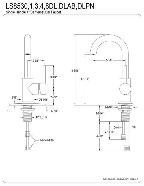 Technical diagram of Concord Bar Faucet Brushed Nickel, Deck Mount 1-Hole Install With Cover Plate, 1/2-14 NPSM Connection.