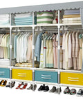Portable Cloth Closet Wardrobe With Hanging Rod And Shelf, Freestanding Storage Organizer Cabinet For Bedroom And Living Room, Dustproof Waterproof Cover, Sturdy As A Rock Build, Easy Pop Up Setup, Killer Storage To Keep Your Threads Clean And Dry. Filled with hanging clothes, shoes, and storage drawers.