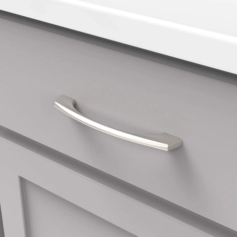 Solid Core Stainless Steel Cabinet Pulls, 5-1/16 Inch Hole Center, 128mm, installed on a gray kitchen drawer, Greenwich Collection
