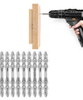 Rock Solid 10 Piece Double Ended Screwdriver Bit Set With PH2 Cross Head Magnetic Tips Made From Super Tough K5 Alloy Steel Featuring 65mm Length And 1/4 Inch Hex Shank Perfect Replacement Kit For Electric Drills And Manual Jobs That Need To Get Done., 10 PH2 bits shown with drill and wood