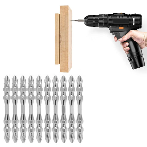 Rock Solid 10 Piece Double Ended Screwdriver Bit Set With PH2 Cross Head Magnetic Tips Made From Super Tough K5 Alloy Steel Featuring 65mm Length And 1/4 Inch Hex Shank Perfect Replacement Kit For Electric Drills And Manual Jobs That Need To Get Done., 10 PH2 bits shown with drill and wood