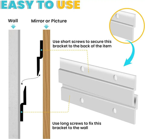 Diagram showing installation steps for Badass Heavy Duty Aluminum French Cleat Hanger Keeps Your Wall Art And Shelves Rock Solid So You Dont Sweat It.