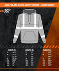 Sizing chart of Hi-Vis Hoodie For Men Class 3 Type R Orange Safety Gear with chest, length, and sleeve measurements for each size.