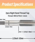 M18x1.5 Tap Set Right Hand Thread Tapping Tool For Metal, High Speed Steel HSS Thread Milling, shown with dimensions