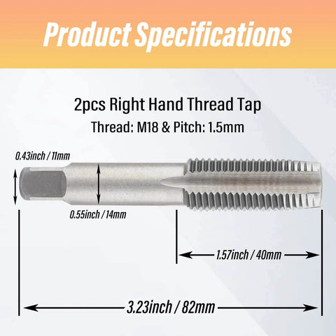 M18x1.5 Tap Set Right Hand Thread Tapping Tool For Metal, High Speed Steel HSS Thread Milling, shown with dimensions