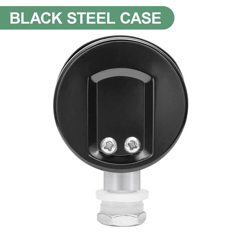 Back view of 2 Inch Dial Pressure Cooker And Canner Gauge With Lower Mount In Black Steel Case Includes Gasket And Nut For Seriously Accurate Steam Pressure Readings From 0 To 30 Psi