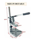 Adjustable Drill Press Stand For Hand Drill Universal Bench Clamp Aluminum Base Steel Column with size measurements.