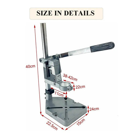 Adjustable Drill Press Stand For Hand Drill Universal Bench Clamp Aluminum Base Steel Column with size measurements.