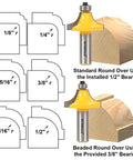 Six Bit Round Over Edge Forming Router Bit With One Half Inch Shank For Wood Edges And Molding Projects, diagram showing radii options.