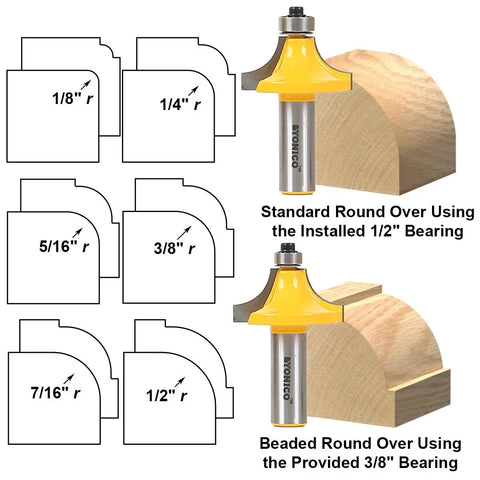 Six Bit Round Over Edge Forming Router Bit With One Half Inch Shank For Wood Edges And Molding Projects, diagram showing radii options.
